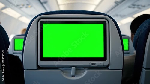 Airplane Seat Back Green Screen Display for In-Flight Entertainment Mockup.