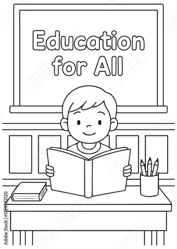 coloring book student reading with Education for All message