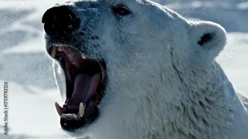 Powerful polar bear roaring in icy wilderness, showcasing raw strength