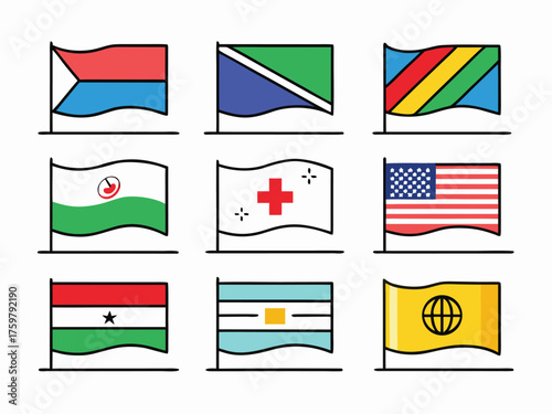 Collection Of Nine Diverse Country Flags Depicted In A Flat Cartoon Style