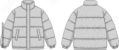 Grey puffer jacket technical flat sketch, vector illustration of winter coat, front and back view, apparel design template, outerwear mockup.