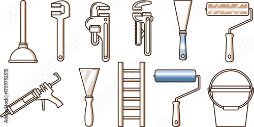 Essential Plumber and Painter Tools Illustration: Renovating Home with Plunger, Wrench, Putty Knife, Ladder, Paint Roller & Bucket for DIY Projects, Construction Maintenance and Repair, Home Improveme