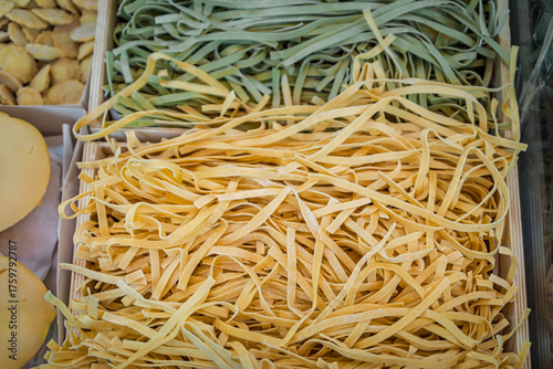 Handmade fresh linguini for sale at an artisanal pasta shop, Nice, France