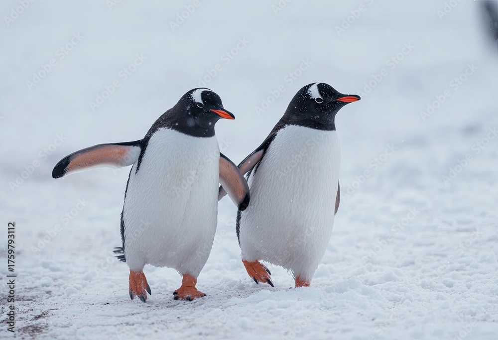 Naklejka premium Two cheerful penguins waddle through a snowy landscape, appearing to hold flippers