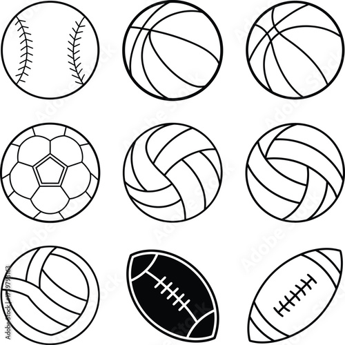 Sports Balls Outline Vector Set Baseball, Basketball, Soccer, Volleyball, and Rugby Icons Illustration