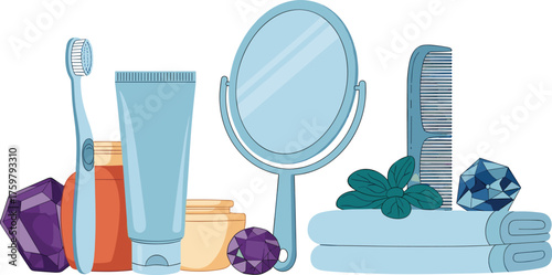 Elegant Bathroom Essentials Arrangement for Self-Care Promotion, Featuring Toothbrush, Lotion, Mirror & Towels in Minimalist Style, Promoting Hygiene, Healthcare, Beauty & Relaxation, Suitable for Spa