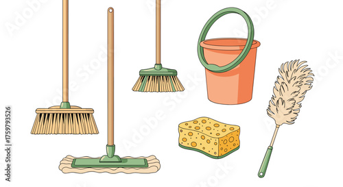 Cleaning Supplies Assortment for Household Chores and Janitorial Services in a Clean, Organized Home Environment, Depicting Domestic Work, Sanitization, and Hygiene, for Illustrations, and Educational