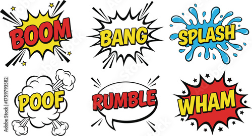 Comic Book Sound Effects Set Bursting with Dynamic Energy for Creative Projects, Vector Illustration of Boom Bang Splash Wham Poof Rumble for Presentations, Graphics, and Explosive Design, Retro Fun P