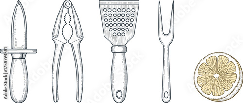 Engraved Seafood Preparation Tools and Citrus Slice Illustration on White Backdrop: Vintage Oyster Knife, Nutcracker, Grater, Fork, Lemon for Culinary Arts, Gastronomy, Restaurants, Kitchens, Food Pre