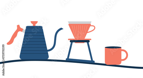 Pour Over Coffee Brewing Still Life: Minimalist Illustration of Gooseneck Kettle, Dripper, and Mug on Dark Line for Cafe Marketing and Modern Lifestyle Design with Blue and Coral Color Palette, Coffee