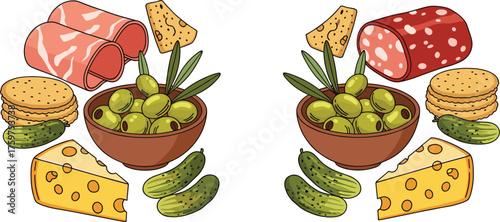 Charcuterie Board Still Life Illustration with Cheeses, Meats, Olives, Crackers, and Pickles for Gourmet Food Presentation, Restaurant Menu Design, Culinary Arts, Appetizer Platter, Delicious Gourmet,