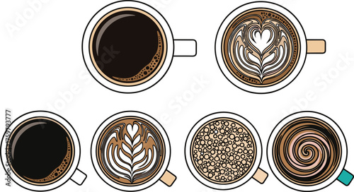 Artistic Coffee Cup Collection: Overhead View of Delicious Coffees and Lattes with Decorative Latte Art, Perfect for Café Menus, Beverage Industry Marketing, Website Designs, Coffee Shop Advertisement