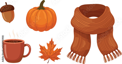 Autumnal Still Life: Cozy Fall Essentials Illustration Featuring Pumpkin, Acorn, Maple Leaf, Coffee Mug & Knitted Scarf for Seasonal Decorations, Thanksgiving Designs, Graphic Elements, & Creative Lif