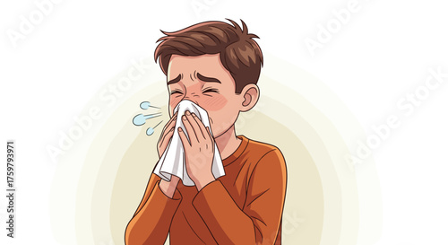 Cartoon Boy Sneezing into Tissue with Cold Symptoms, Seasonal Allergies, or Influenza in Healthcare Setting, Illustrating Sickness, Contagious Disease & Medical Condition for Education & Awareness Cam