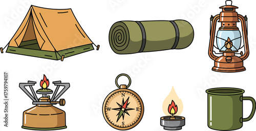 Camping Equipment Illustration Set: Tent, Sleeping Bag, Lantern, Stove, Compass & Mug for Outdoor Adventure, Wilderness Exploration & Recreational Activities in Nature, Promoting Travel, Tourism & Vac