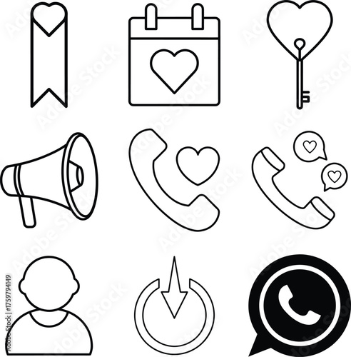 Communication and Love Icons Vector Set Phone, Calendar, Heart, and Message Outline Illustration
