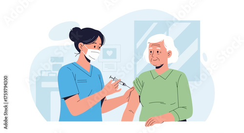 Doctor administering vaccine to elderly patient promoting healthcare awareness and prevention of