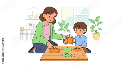 Educational illustration depicting a mother and son playing with pumpkin-shaped toys for autumn