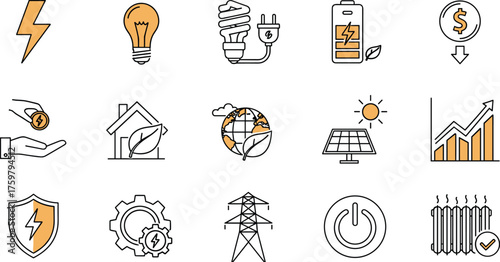 Sustainable Energy Solutions Icons Set: Powering a Greener Future with Renewable Resources, Eco-Friendly Technologies, and Energy Efficiency for Environmental Conservation and Cost Savings in Modern W
