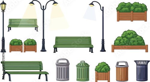Park Elements Set: Benches, Streetlights, Planters & Trash Cans in Urban Landscape Illustration for Outdoor Design Projects, City Planning, Recreation Areas, Landscape Architecture & Garden Concepts i