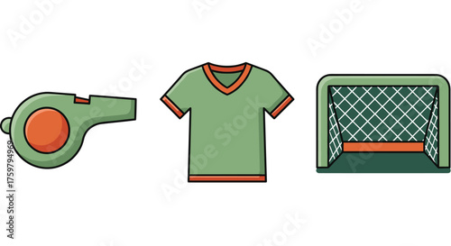 Illustrated Sports Equipment Featuring Whistle, Soccer T-Shirt, and Goal for Game Day in a Cartoon Style on White Backdrop Representing Team Spirit, Athletics, Competition, Fun, and Active Lifestyle I