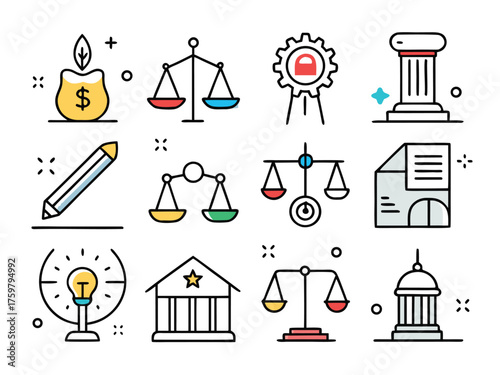 Collection Of Conceptual Legal Icons Isolated On A White Background Design