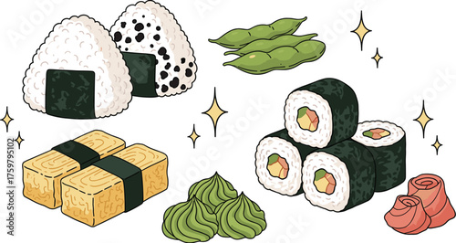 Vibrant Japanese Cuisine Still Life: Sushi, Onigiri, Edamame Illustration for Restaurant Menu, Food Blog, Asian Cooking,  Digital Art Print,  Modern Culinary Presentation,  Gastronomy,  Bright Colors,