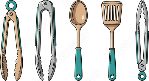Kitchen Utensils Set Illustration: Stylish Cooking Tools for Culinary Tasks, Featuring Tongs, Spoon, and Spatula in a Clean, Modern Design Perfect for Recipes, Menus, and Food-Related Projects, Repres