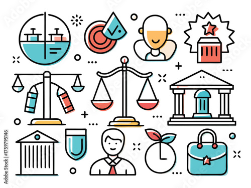 Collection Of Law And Justice Related Icons On A Simple White Background