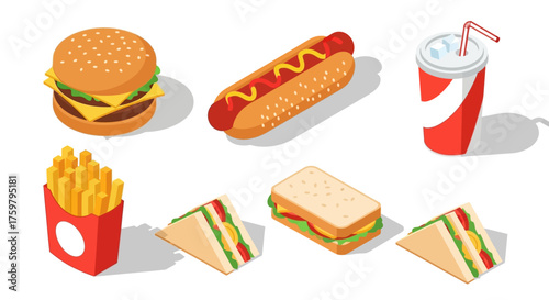 Isometric illustration of fast food items including burger, hotdog, fries, sandwich, and soda.