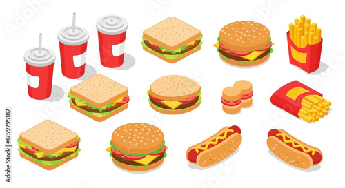 Isometric fast food icons including burgers, sandwiches, fries, hotdogs, and drinks.