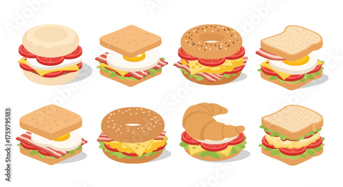 Isometric breakfast sandwiches with egg, bacon, cheese, and tomato on various breads.