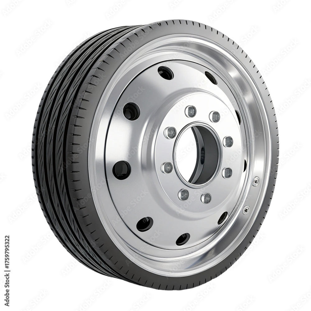 Fototapeta premium Close-up image of a clean, shiny, and modern chrome alloy wheel and tire for a heavy-duty truck or commercial vehicle