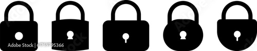 Five silhouette padlocks of varying shapes and sizes