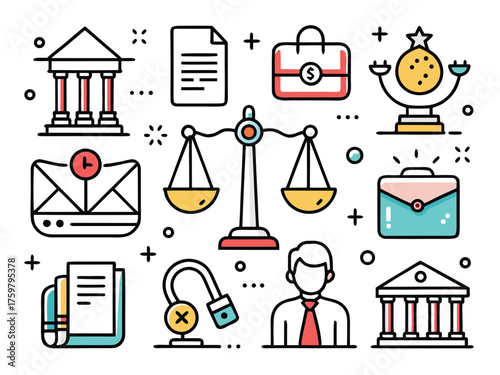 Line Art Illustration Showcases Law And Justice Related Icons And Symbols