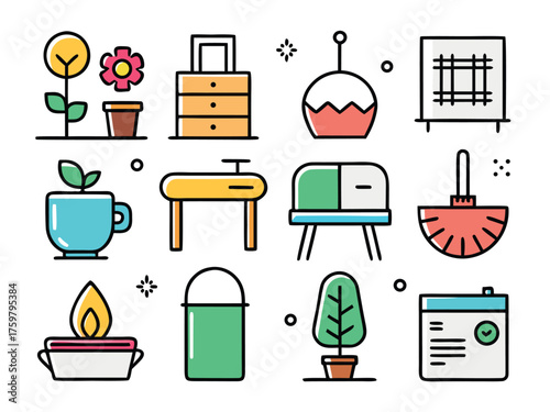 Collection Of Vibrant And Minimalist Icons Showcasing Various Everyday Objects