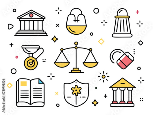A Collection Of Stylized Icons Representing Law And Justice In Flat Design