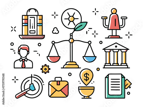 Diverse Legal Icons Presented In Clean Colorful Modern Line Art Style