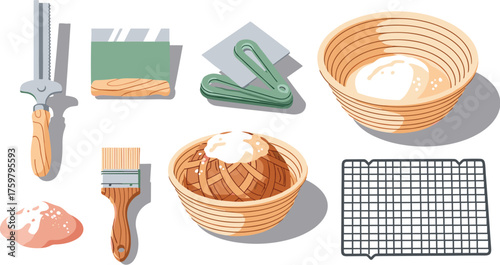 Baking Preparation Still Life:  Artisanal Bread Making Tools Arranged on White Backdrop for Culinary Presentation, Gastronomy Illustrations, Home Baking Website Graphics, Recipe Development, Modern Ki