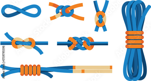Illustrated Collection of Knots and Ropes for Visual Guides: Demonstrating nautical, sailing, fishing knot tying techniques for instructional diagrams, outdoor adventure presentations, DIY crafting, c