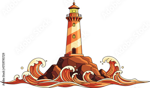 Coastal Lighthouse Standing Tall Amidst Crashing Waves on Rocky Outcrop at Sea, Symbolizing Guidance & Navigation for Maritime Industry, Inspiring Hope & Resilience in the Face of Storms, Nautical Adv