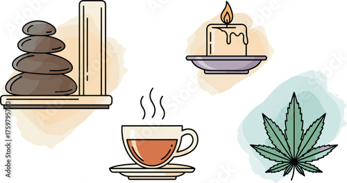 Zen Relaxation Elements: Stacked Stones, Aromatherapy Candle, Herbal Tea, and Cannabis Leaf for Holistic Wellness Spa, Meditation Practice, Stress Relief, Natural Medicine, Alternative Therapies in Mi