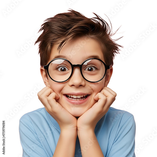 Happy boy wearing round glasses and smiling broadly