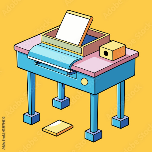 Retro desk with paper and pencil sharpener illustration