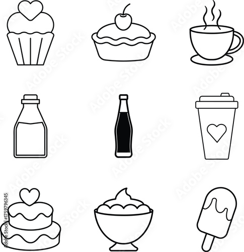 Food and Drink Icons Vector Set Cupcake, Coffee, Soda, Cake, and Ice Cream Outline Illustration
