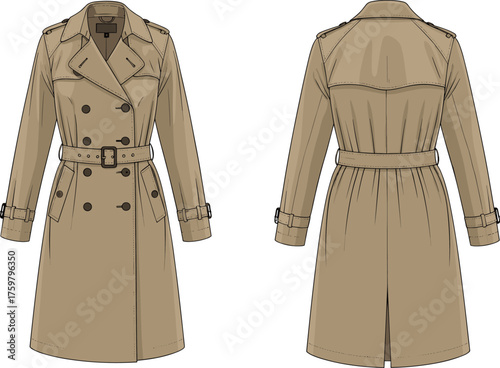 Classic beige trench coat, stylish women's outerwear, double-breasted design, fashion jacket, belt waist, raincoat for fall wardrobe essential