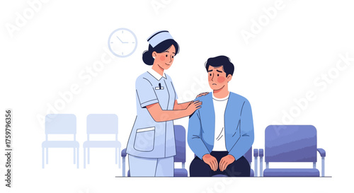 A caring nurse is comforting a worried patient in a hospital waiting room.