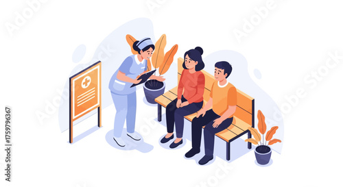 Isometric illustration of a nurse in scrubs taking notes from a couple, a man and a woman, sitting on a bench in a clinic waiting room with a medical sign.