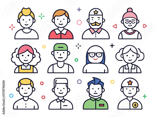 Collection Of Diverse Cartoon Faces With Simple Colorful Outlines On White