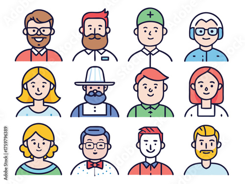 Twelve Diverse People Avatars Present Different Professions And Hairstyles